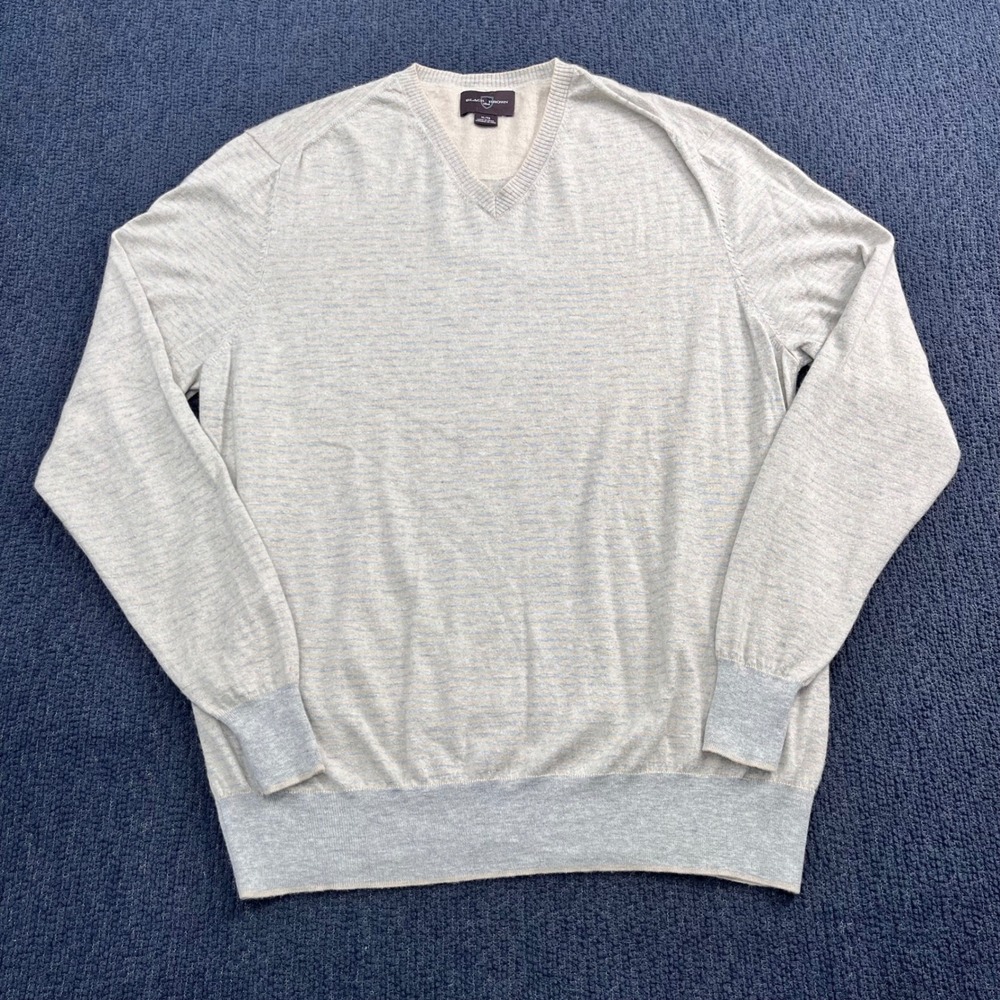 Black Brown 1826 Cashmere Silk V-Neck Sweater Mens XL Grey Tan Striped‎ Knit